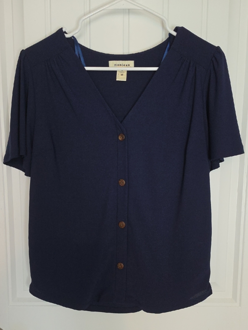 Monteau Navy Button-Down V-Neck Women's Top